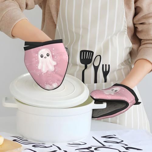 Mini Silicone Oven Mitts Heat-Resistant Cooking Gloves Cute Pink Halloween Ghosts