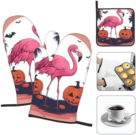 Halloween Flamingo Oven Mitts Pot Holders Set - Durable Waterproof