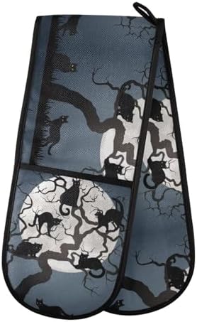 Halloween Black Cat Pot Holder with Full Moon Oven Mitt 35 x 7inch