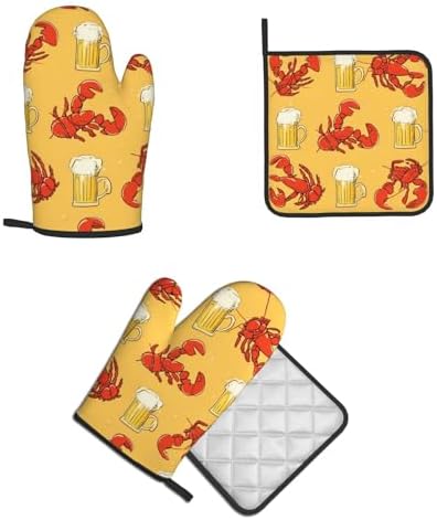 Quopvn Beer and Crawfish Pattern Oven Mitts 2pcs Set