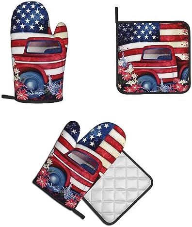 Quopvn 4th of July Patriotic USA Flag Oven Mitts Pot Holders 2pcs Set