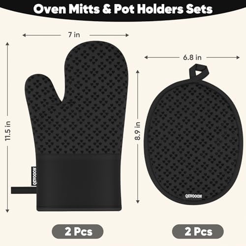 Qevooon Oven Mitts Pot Holders Set - Heat Resistant Silicone grip Easy to Use