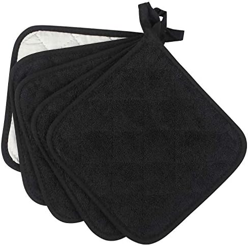 Lifaith 100 Cotton Terry Potholder Set of 5 Heat Resistant Black