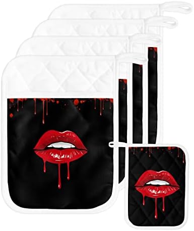 Halloween Lips Blood Pot Holders with Pocket Set of 5