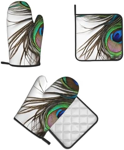 Peacock Feather Printed Oven Mitts and Potholders Set