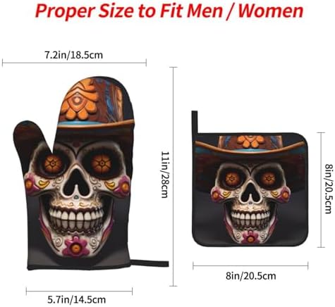 4-Piece Waterproof Oven Mitt Set Heat-Resistant Mexican Halloween Skull Prints