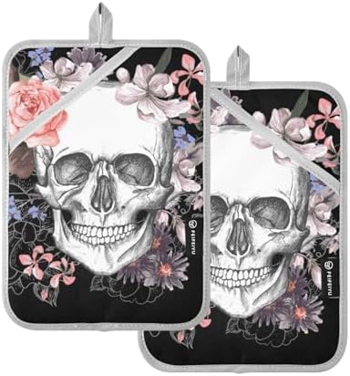 Two-Pack Halloween Skull Rose Pot Holder Set for Oven Kitchen Use