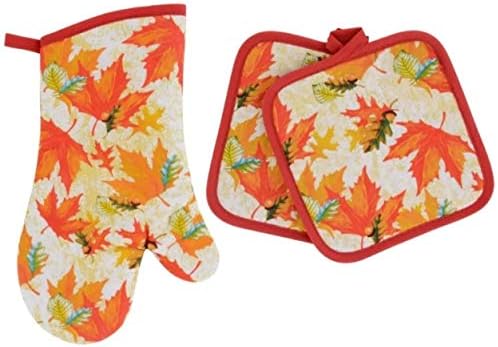 Combined Fall Kitchen Pot Holder Mitt Set - Maple Leaves - Perfect for Autumn