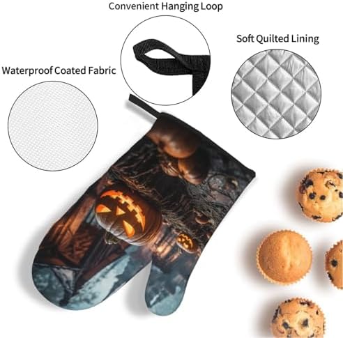 Halloween Pumpkins Print Oven Mitts and Pot Holders Set for Kitchen Use