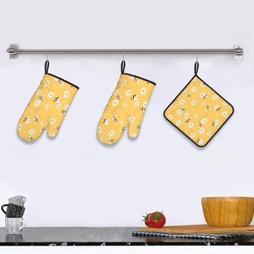 DXTKWL Oven Mitts Set of 3 Yellow Bee Daisy