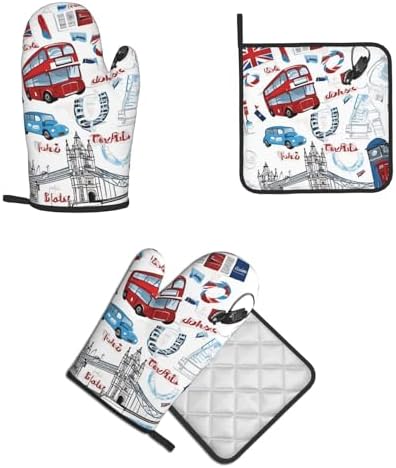 Quopvn London Printed Oven Mitts and Pot Holders 2pcs Set