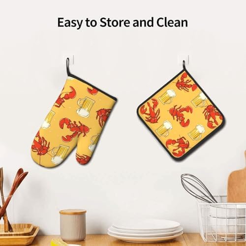 Quopvn Beer and Crawfish Pattern Oven Mitts 2pcs Set