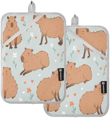 Kcldeci 2-Pack Cute Capybara Pot Holders with Flower Design