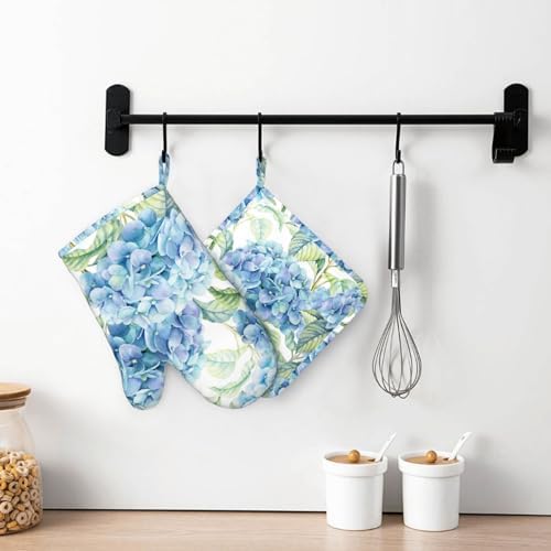 DYCBNESS Blue Hydrangea Silicone Oven Mitts Set 4pcs