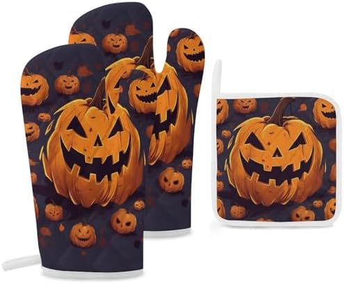 Halloween Pumpkin Oven Mitts and Pot Holders Set