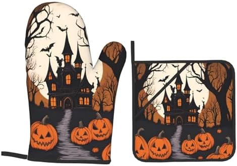 Gothic Halloween Oven Mitts Pot Holders Set 4 Piece Gift for Baking