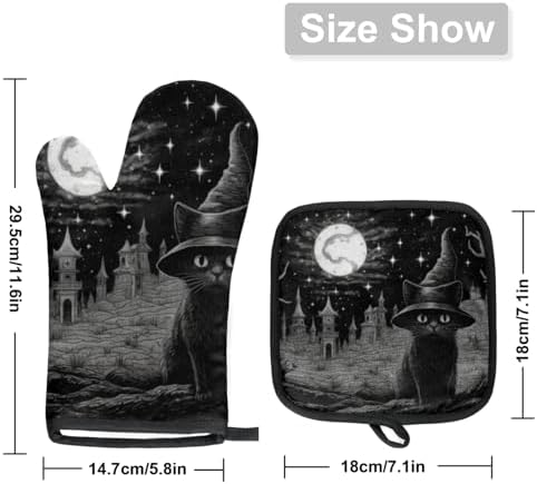 Witch Cat Halloween Oven Mitts Pot Holders Set