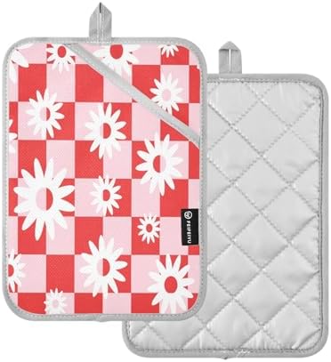 Durable Red and Pink Checked Heat Resistant Potholders