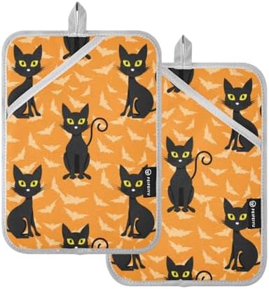 2Pcs Halloween Cat Potholder Set Non-Slip Heat Resistant
