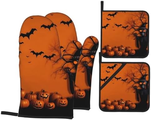 XHHRRDNZ Orange Halloween Oven Mitts and Pot Holders Set of 4