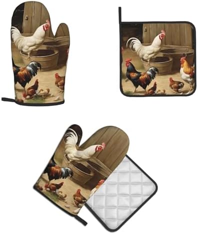 Roast Chicken Hen Farm Oven Mitts and Pot Holders 2pcs Set