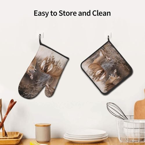 Free Whitetail Deer Printed Oven Mitts Pot Holders Set - Heat-Resistant Kitchen Potholders