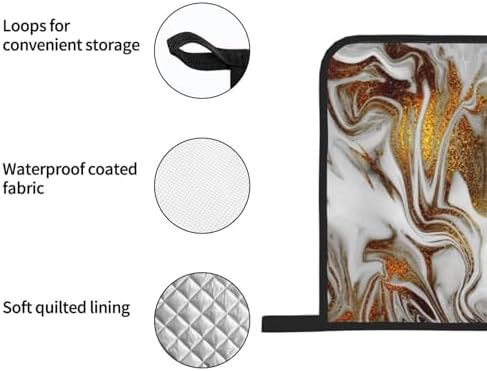 4 Pieces Gold and White Marble Oven Mitts Set with Hanging Loop