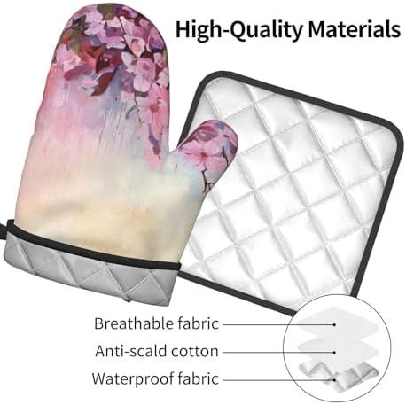 Elegant Oven Mitts Set Cherry-Printed Non-Slip Pots Pans