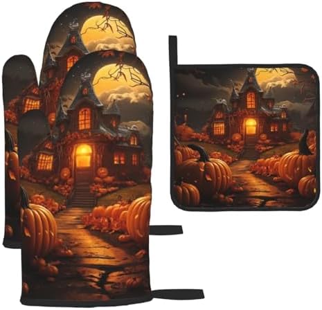 Pumpkin Halloween Oven Mitts Set of 3 for Cooking Baking