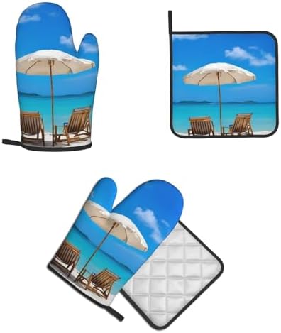 White Beach tropical ocean printed oven mitts and pot holders 2pc set