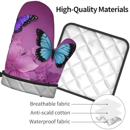 Quopvn Purple Butterflies Oven Mitts Pot Holders Non-Slip Kitchen Glove Set