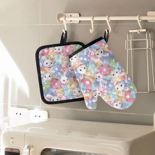 UNICEU Easter Rabbit Oven Mitts Pot Holders 4-Piece Set