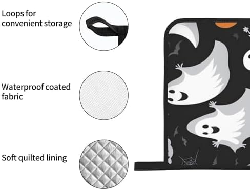 Oven Mitts Set of 4 with Heat-Resistant Black and Halloween Ghost Prints