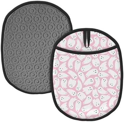 Halloween Pink Ghost Heat-Resistant Potholders Durable Kitchen Tools with Storage Loop