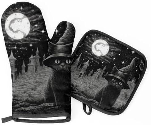 Witch Cat Halloween Oven Mitts Pot Holders Set