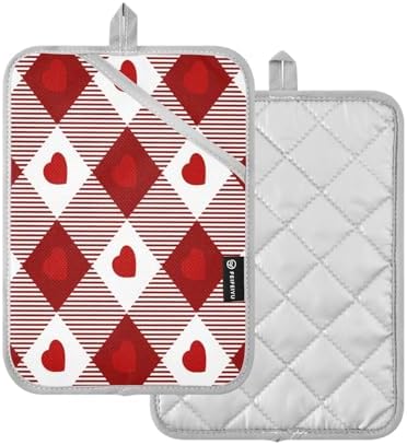 Heat-Resistant Heart Gingham Potholders Set Durable Oven Mitts for Baking