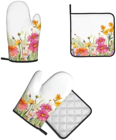 Cooking Casting Covered Quopvn Iris Flower Butterfly Printed Oven Mitt Set