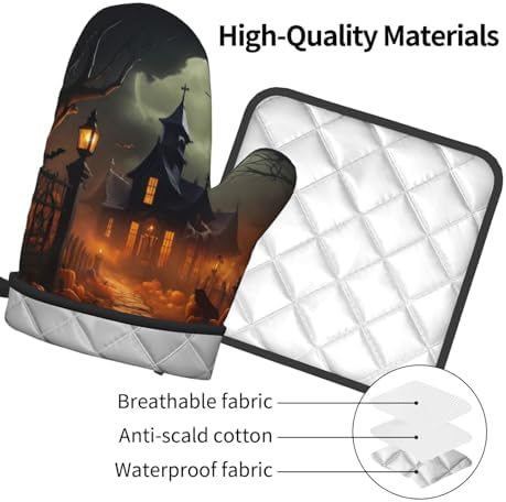 Scary Halloween Oven Mitts Pot Holders Set - Heat-Resistant Cooking Gloves Baking Pots