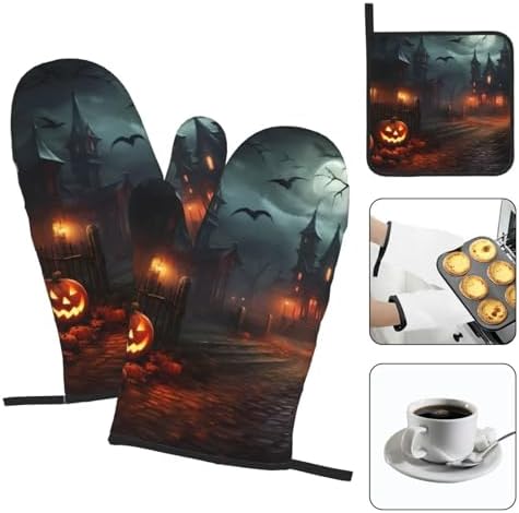 YYHHAOFA Halloween Horror Pattern Oven Mitt Pot Holder Set Durable Waterproof