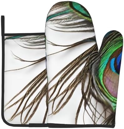 Peacock Feather Printed Oven Mitts and Potholders Set