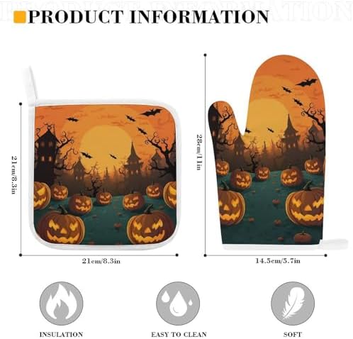 Halloween Orange Non-Slip Oven Mitt Set with Pot Holders