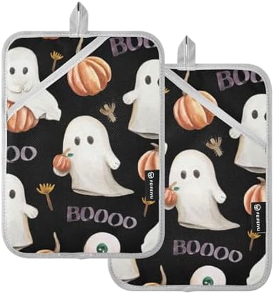2Pcs Cute Halloween Pot Holder Set with Pockets and Non-Slip Design