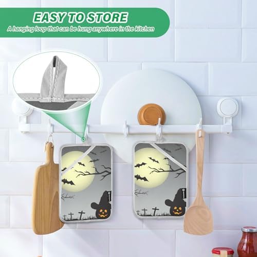 OURVII 2Pcs Halloween Full Moon Pot Holders Non-Slip with Pockets
