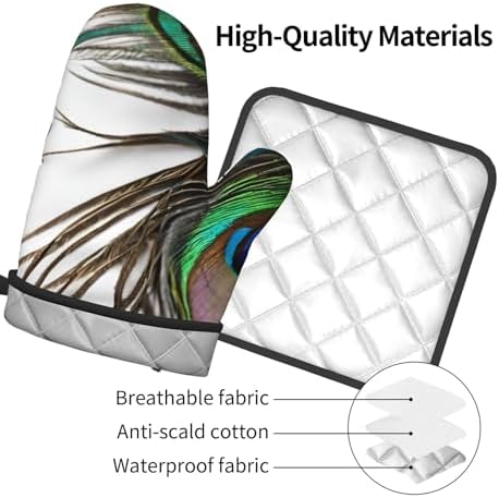 Peacock Feather Printed Oven Mitts and Potholders Set