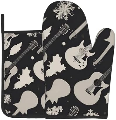 Guitar Pattern Oven Mitts Pot Holders 2-Piece Set