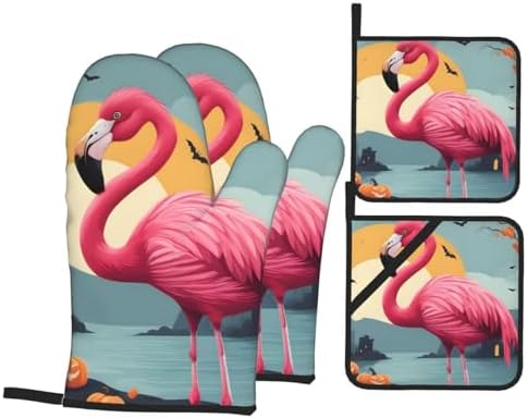 YYHHAOFA Cartoon Halloween Flamingo Oven Mitt Set - 4-Piece Insulated Kitchen Baking Tools