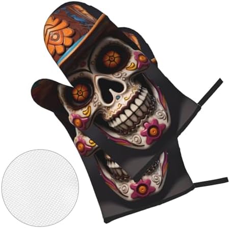 4-Piece Waterproof Oven Mitt Set Heat-Resistant Mexican Halloween Skull Prints