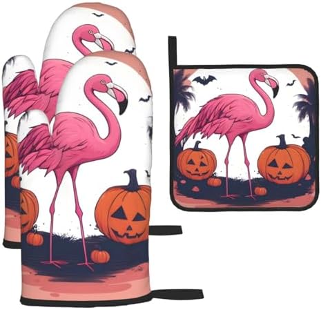 Halloween Flamingo Oven Mitts Pot Holders Set - Durable Waterproof