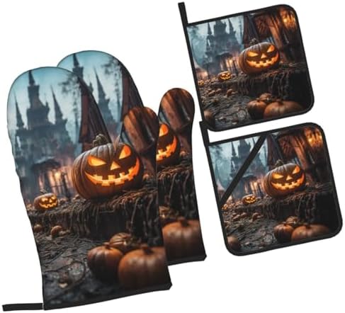 Halloween Pumpkins Print Oven Mitts and Pot Holders Set for Kitchen Use