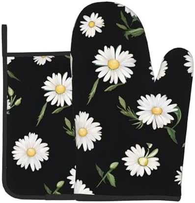 Durable Daisy Printed Oven Mitts Pot Holders Set Heat-Resistant Kitchen Gloves